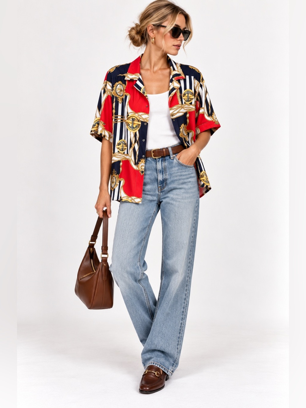 Vintage Alia 90s Nautical Scarf Print Anchor Rope Button Up Shirt M L